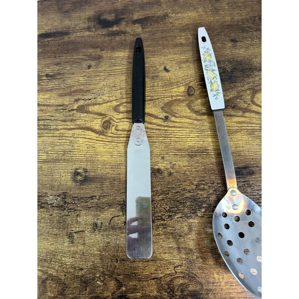 Vintage Floral Handle Slotted Spoon & Spreader Set Stainless Steel USA Mushroom